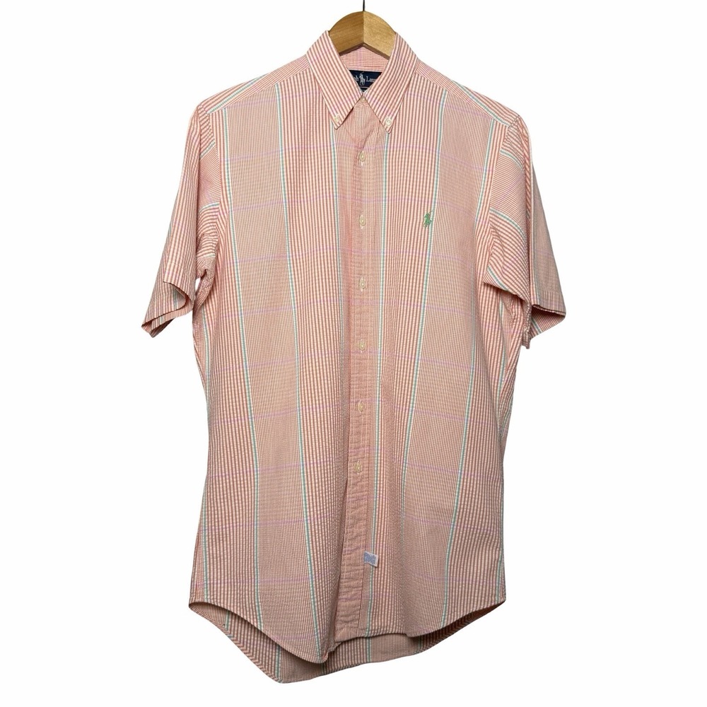 Ralph Lauren Seersucker Shirt Mens S Peach Stripe Short Sleeve Button Down USA